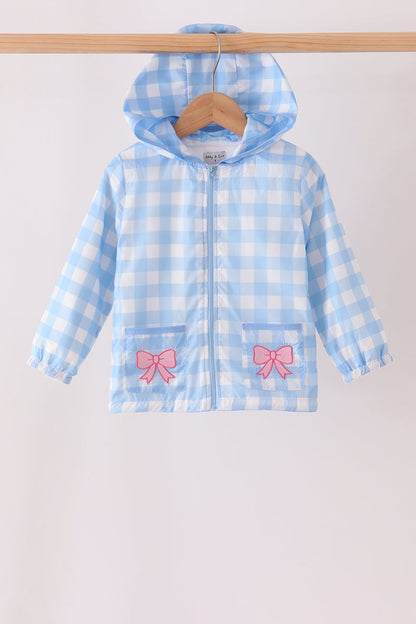 Blue bow embroidery gingham raincoat
