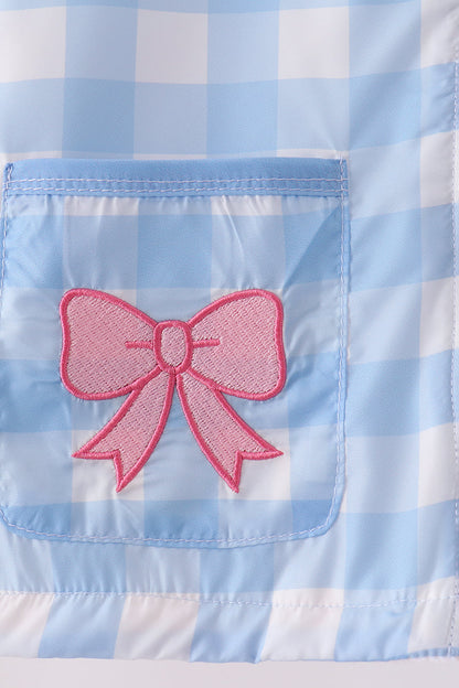 Blue bow embroidery gingham raincoat