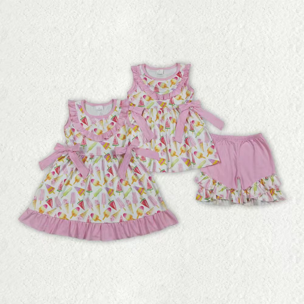 Sibling Baby Girls Sleeveless Ice Creams Tunic Ruffle Shorts Clothes Set Knee Length Dresses