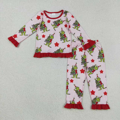Sibling Baby Girls Christmas Green Face Stars Pajamas Set Zipper Footie Romper Knee Length Dresses