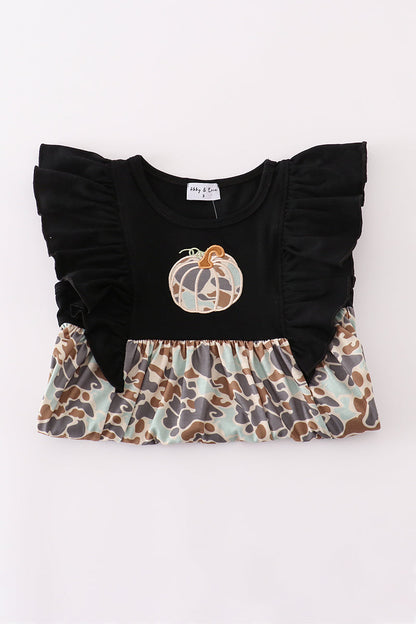 Black camouflage pumpkin applique ruffle dress