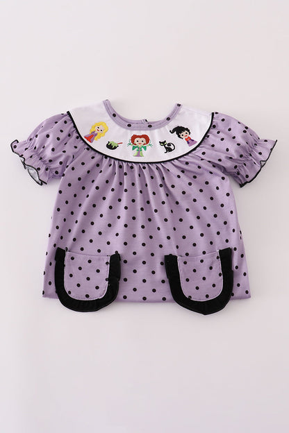 Purple Halloween dot witch embroidery romper