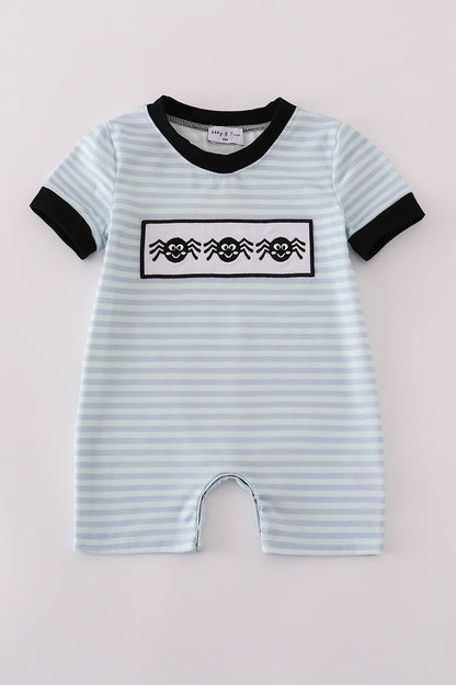 Blue Halloween spider embroidery stripe romper
