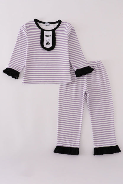 Purple Halloween spider embroidery stripe pants set