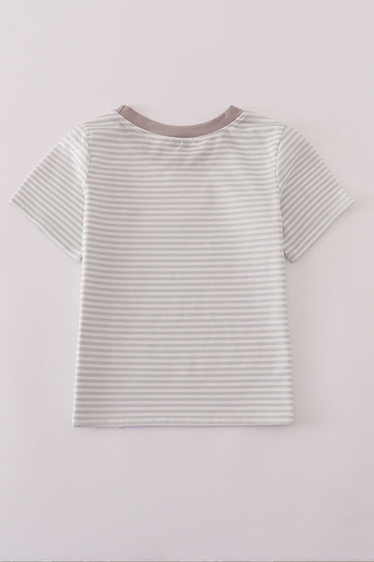 Grey puppy embroidery stripe top