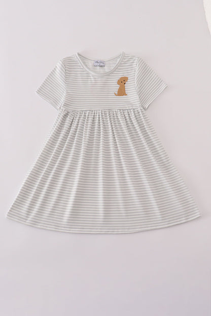 Puppy embroidery stripe dress