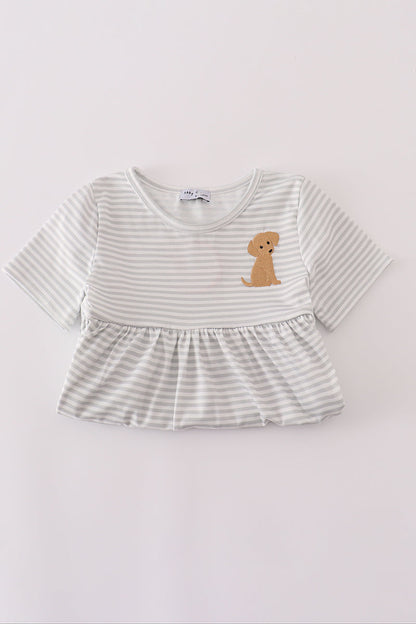 Puppy embroidery stripe dress