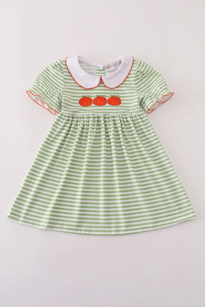 Green stripe embroidery dress