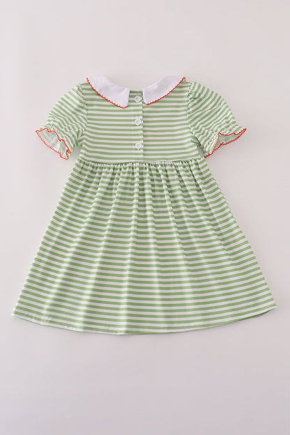 Green stripe embroidery dress