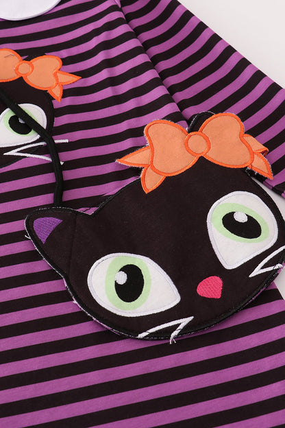Purple halloween cat stripe dress 2pc set