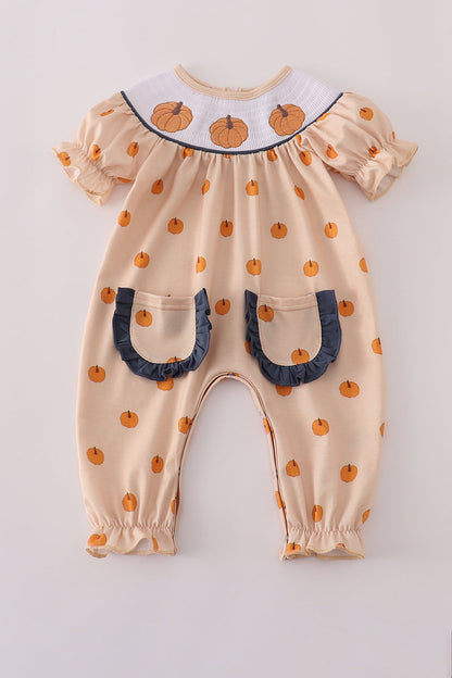 Khaki embroidery smocked romper