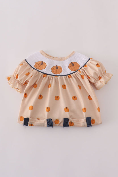 Khaki embroidery smocked romper