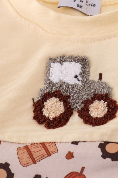 Yellow tractor french knot romper