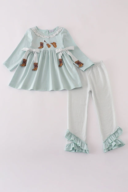 Blue boots embroidery ruffle pants set