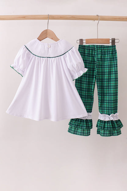 White wreath smocked ruffle pants set
