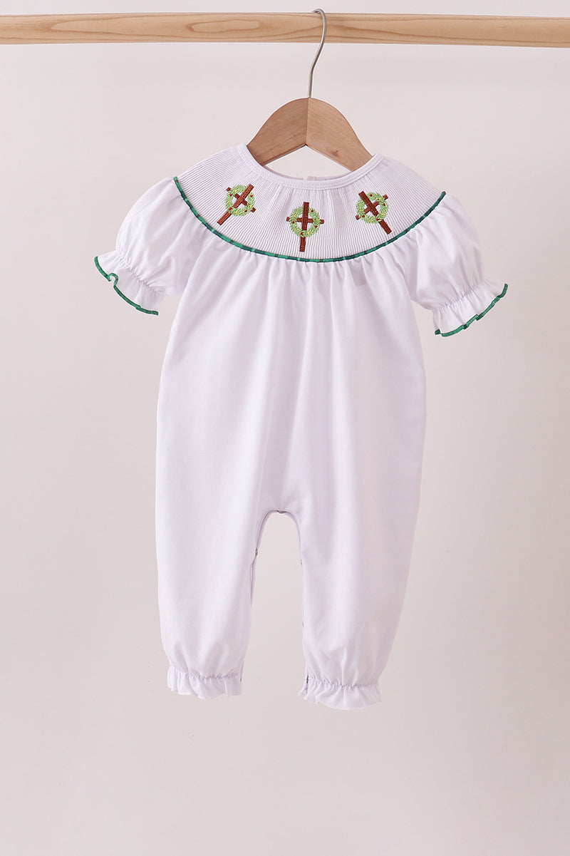 White wreath smocked romper