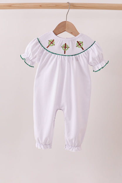 White wreath smocked romper