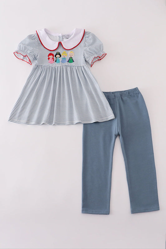 Blue princess embroidery stripe pants set