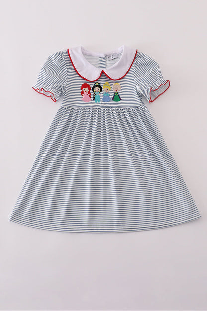 Blue princess embroidery stripe dress