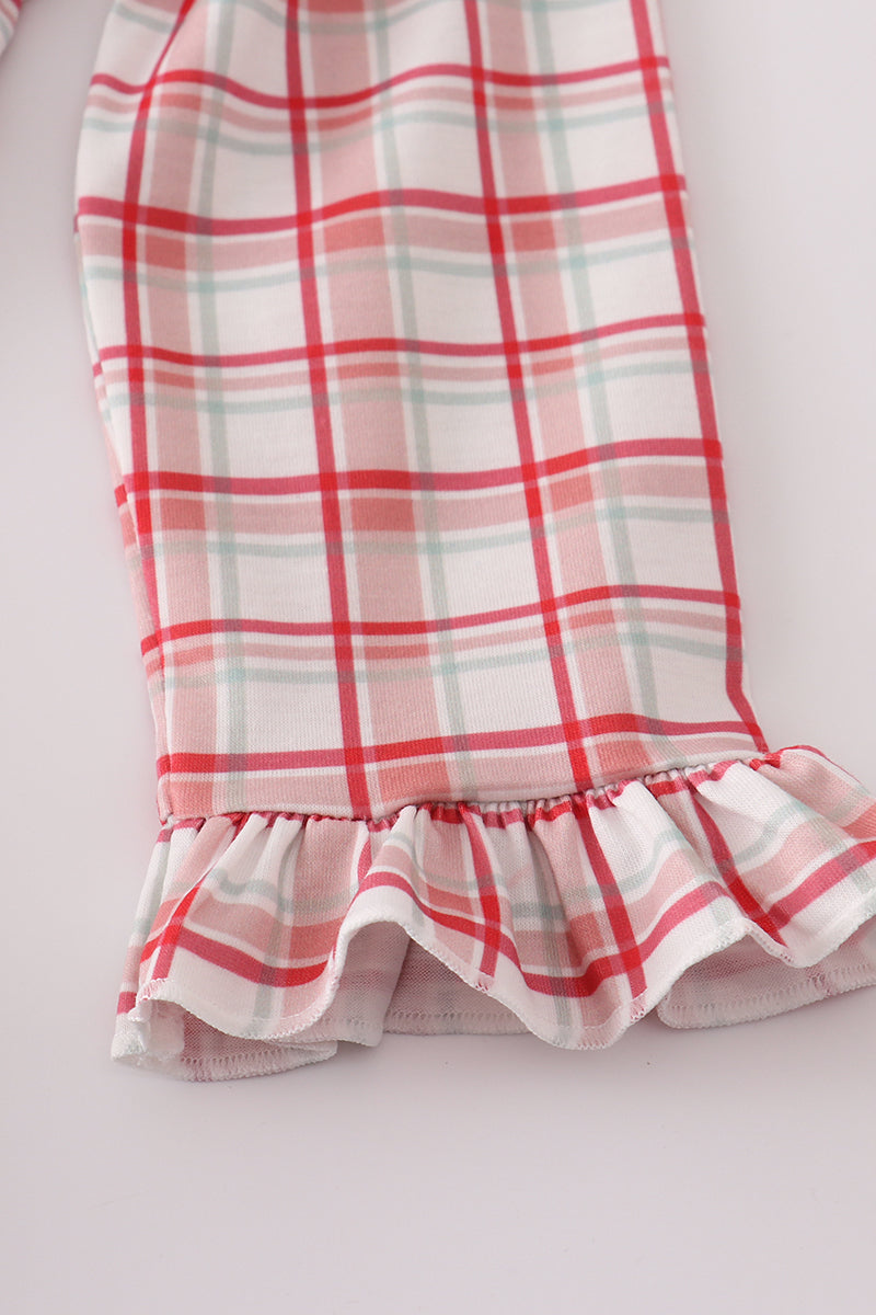 Red plaid farm embroidery ruffle pants set