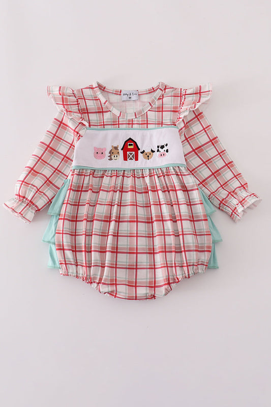 Red plaid farm embroidery ruffle bubble