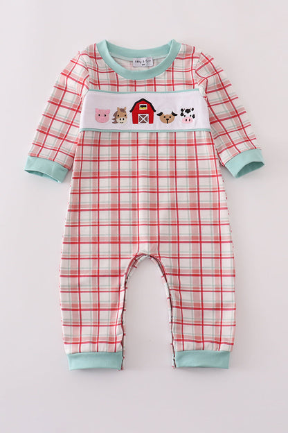 Red plaid farm embroidery romper