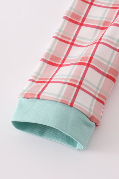 Red plaid farm embroidery romper