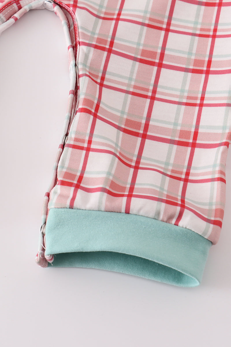 Red plaid farm embroidery romper
