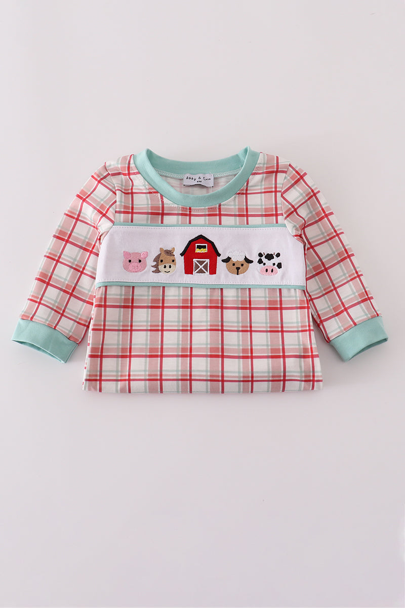 Red plaid farm embroidery romper