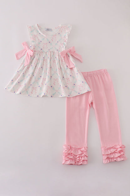 Pink floral bow print ruffle pants set