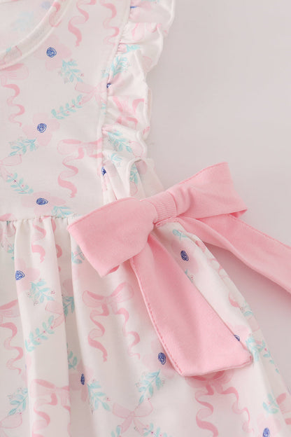 Pink floral bow print ruffle pants set