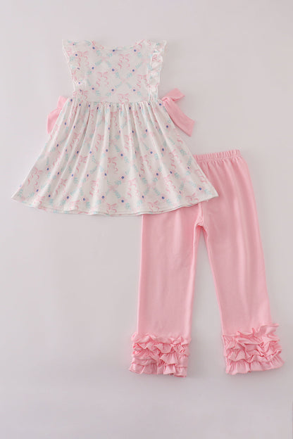 Pink floral bow print ruffle pants set