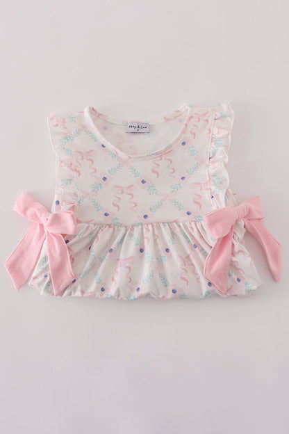 Pink floral bow print ruffle pants set