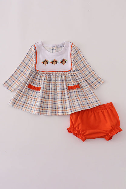 Orange turkey embroidery plaid bloomer set