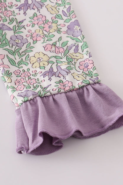 Purple floral print ruffle dress