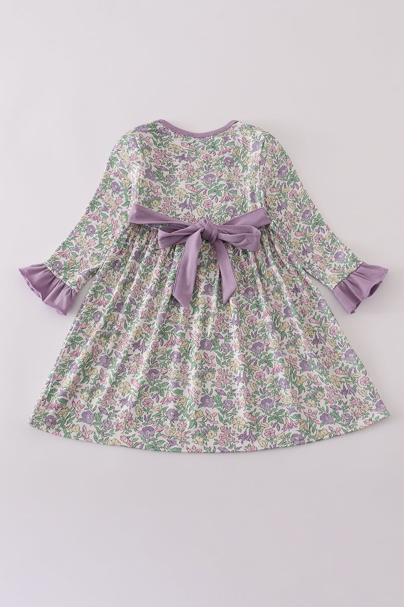 Purple floral print ruffle dress