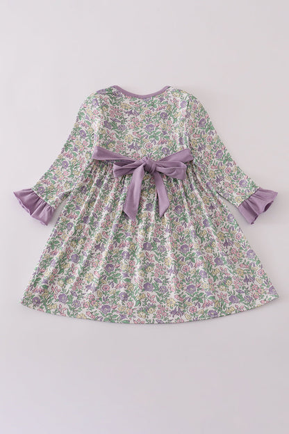 Purple floral print ruffle dress