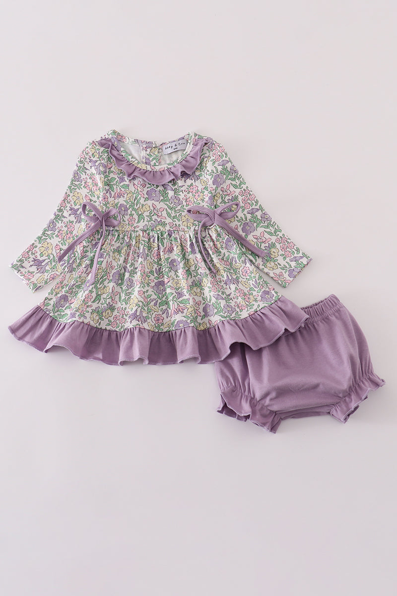 Purple floral print ruffle bloomer set