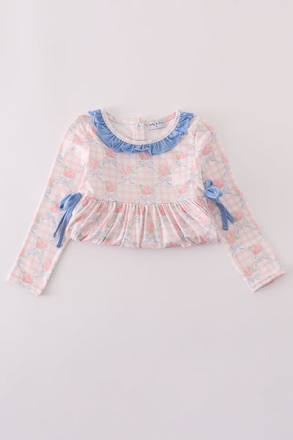 Pink floral print ruffle bow pants set