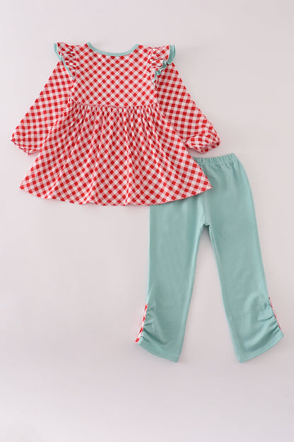 Red farm smocked ruffle pants set