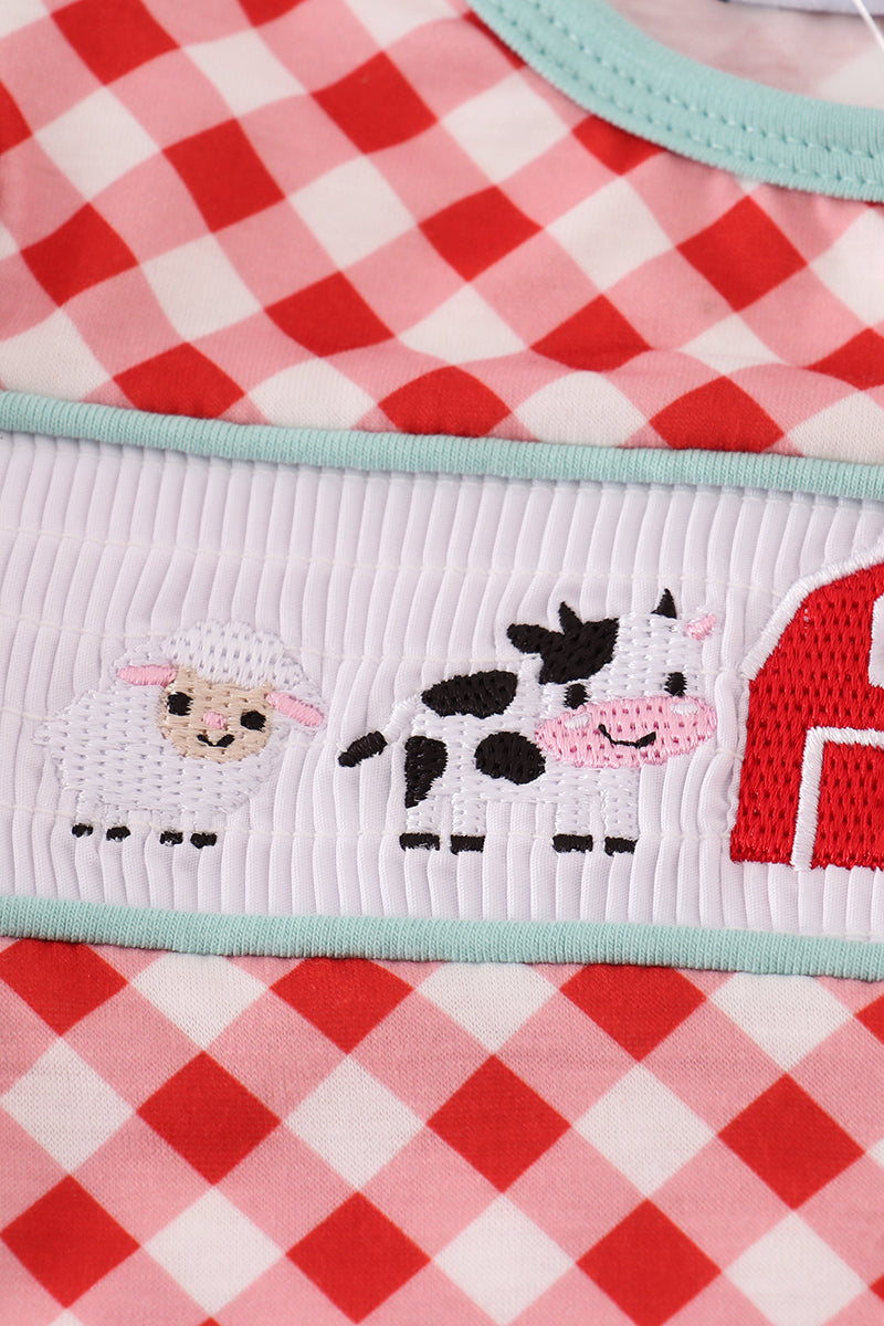 Red farm smocked ruffle romper