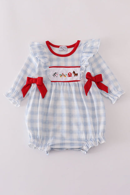 Blue farm embroidery plaid ruffle bubble