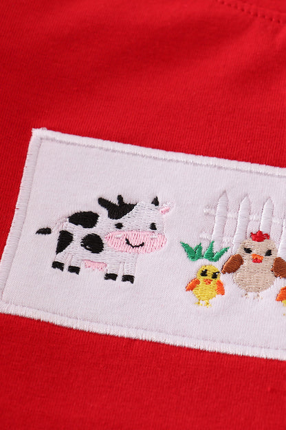 Red farm embroidery plaid pants set