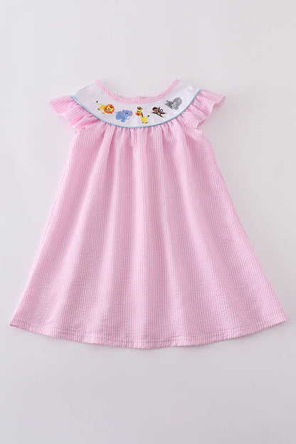 Pink seersucker animal embroidery dress