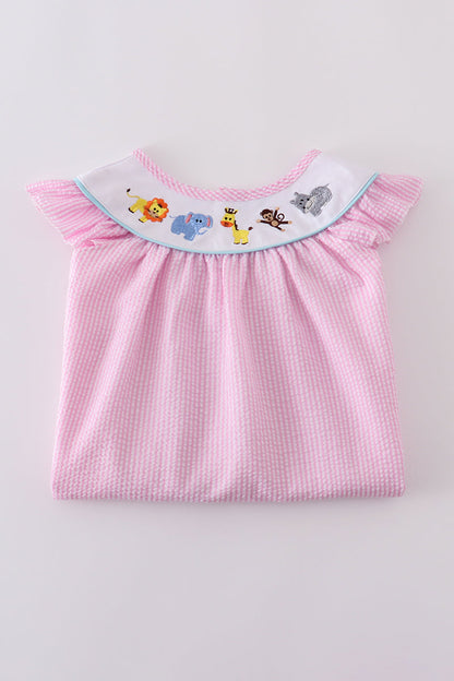 Pink seersucker animal embroidery dress