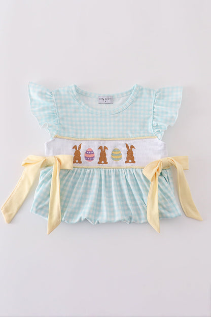Blue bunny embroidery smocked set