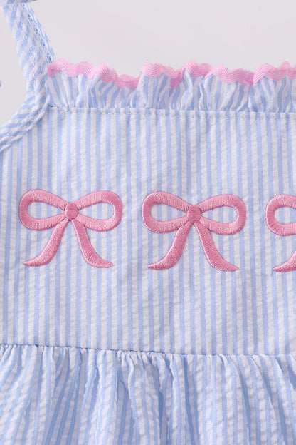 Blue Bow Embroidered Stripe Ruffle Dress