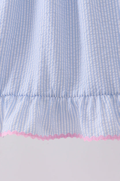 Blue Bow Embroidered Stripe Ruffle Dress