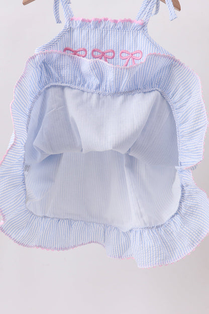 Blue Bow Embroidered Stripe Ruffle Dress