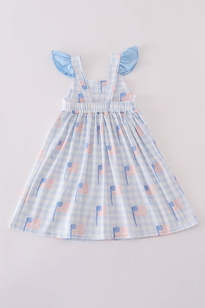 Blue flag embroidery smocked gingham dress